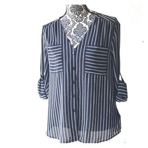 Black blouse with white pinstripes.